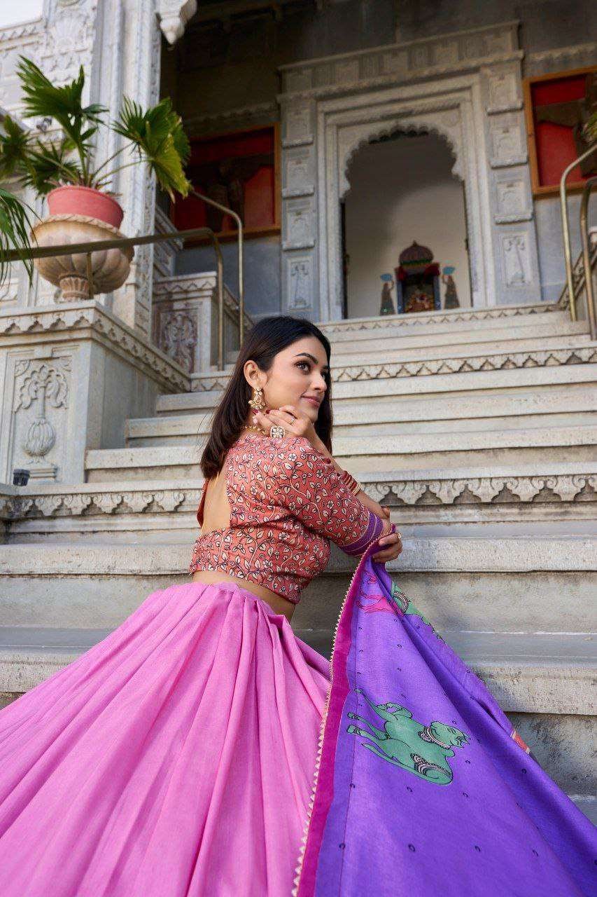 Sky Blue Tussar Silk Lehenga Choli with Baby Pink Blouse | Kalamkari & Foil Work | Wedding & Festive Wear - Image 3